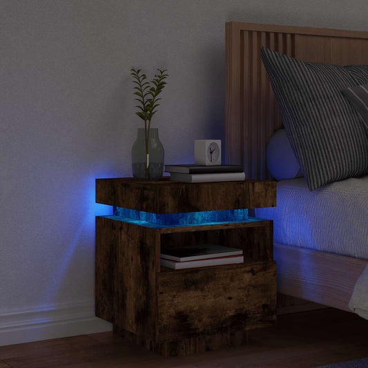 Bedside Cabinet with LED Lights Smoked Oak 40x39x48,5 cm