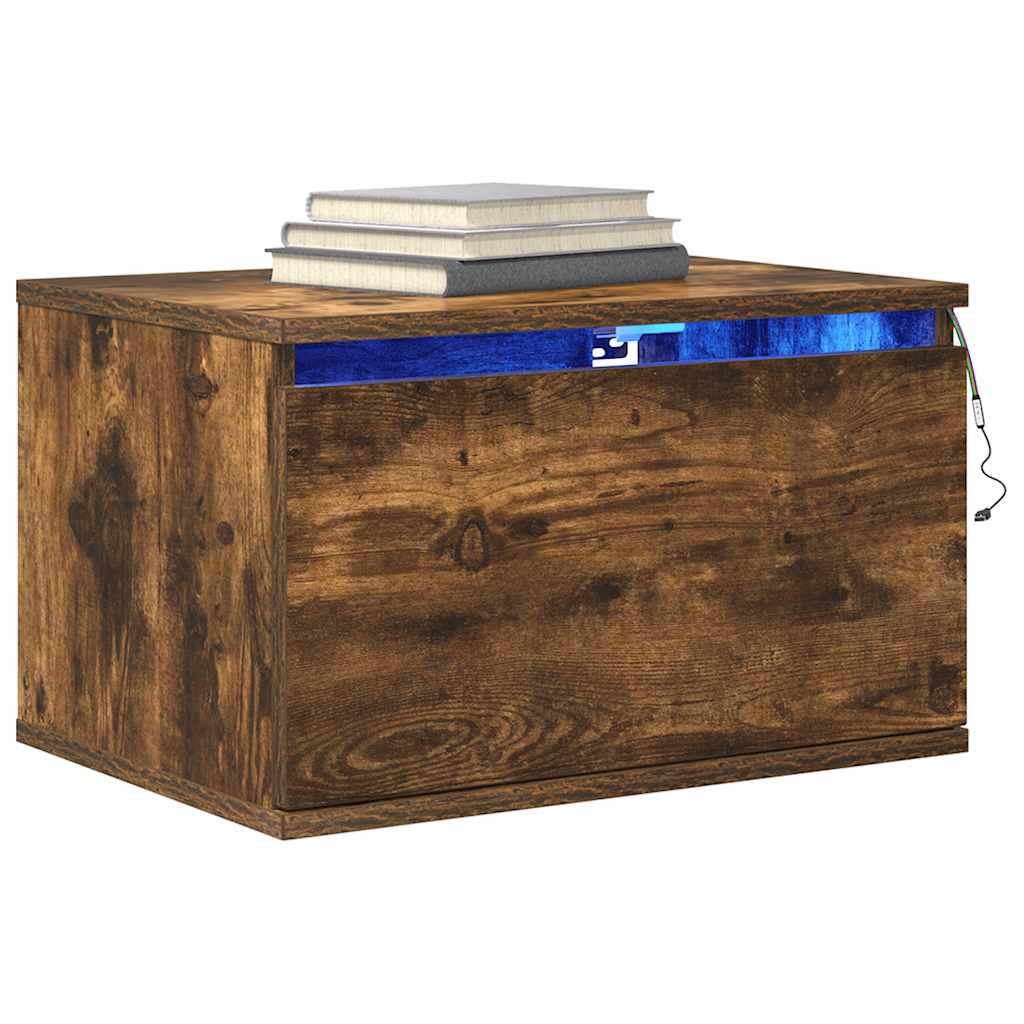 Wall-mounted Bedside Cabinet with LED Lights Smoked Oak