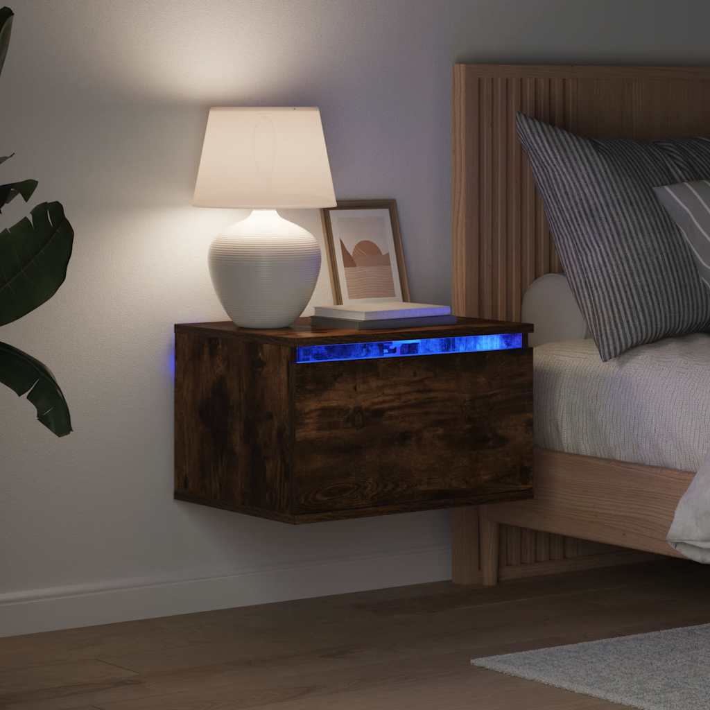 Wall-mounted Bedside Cabinet with LED Lights Smoked Oak