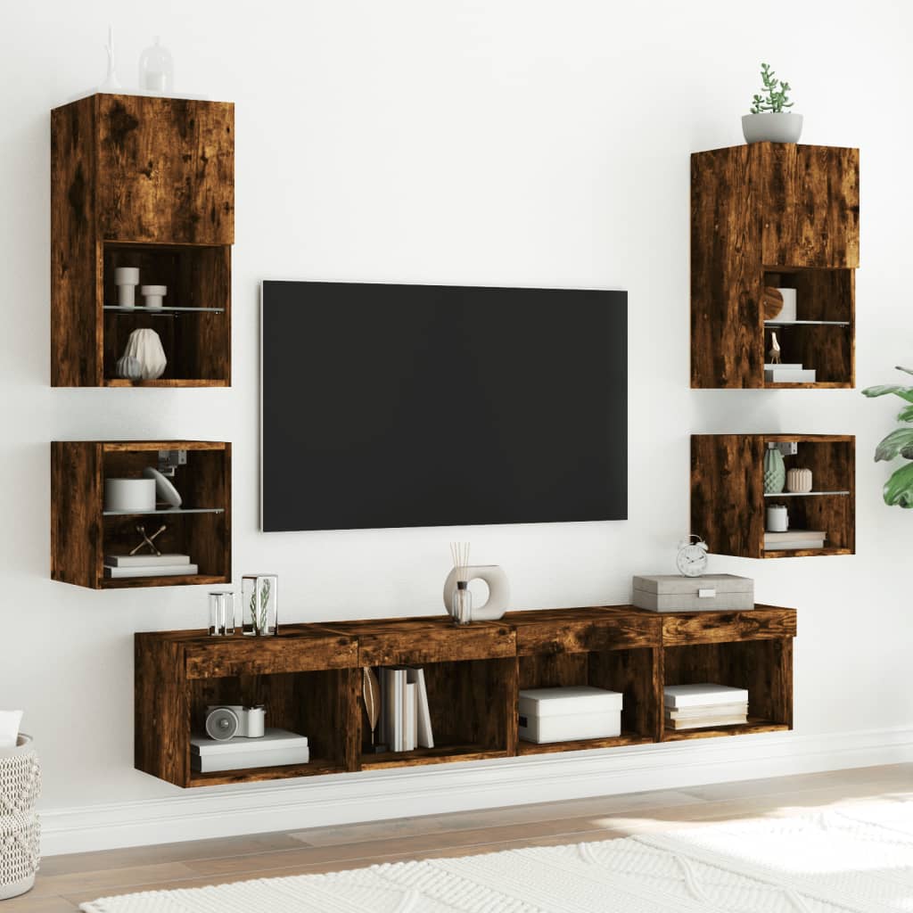 TV Wall Cabinets with LED Lights 2 pcs Smoked Oak 30x28,5x30 cm
