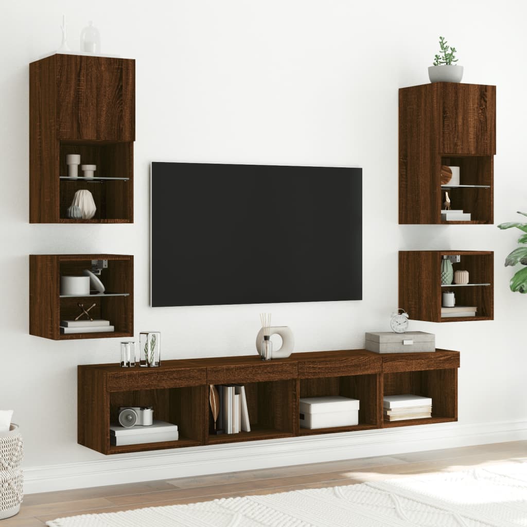 TV Wall Cabinet with LED Lights Brown Oak 30x28,5x30 cm
