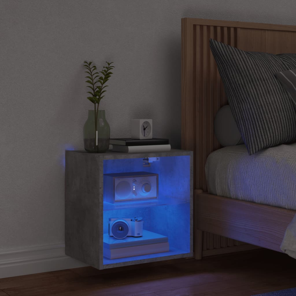 Bedside Cabinet with LED Lights Wall-mounted Concrete Grey