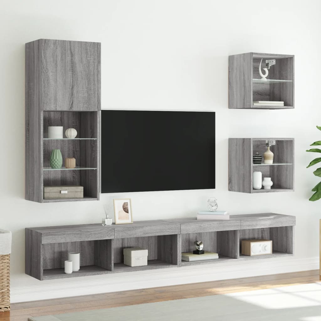 Bedside Cabinet with LED Lights Wall-mounted Grey Sonoma