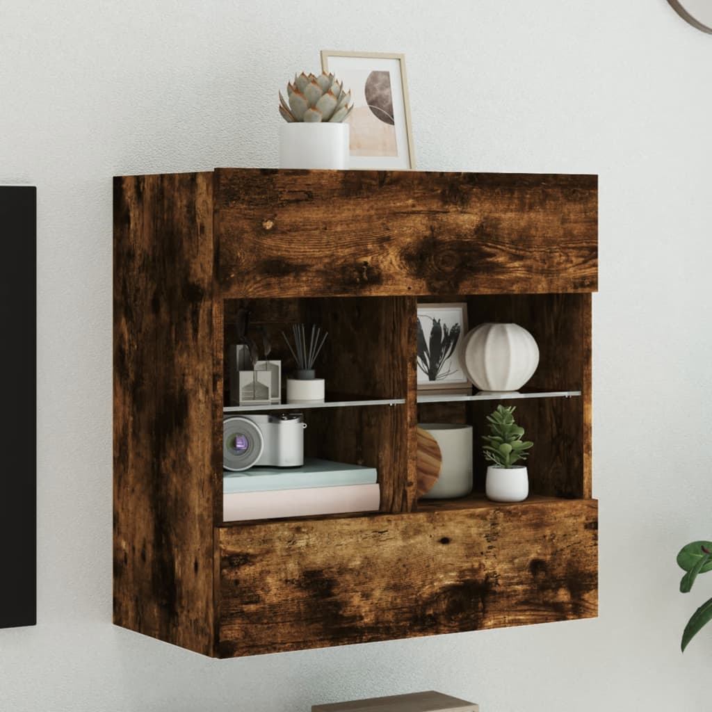 TV Wall Cabinet with LED Lights Smoked Oak 58,5x30x60,5 cm