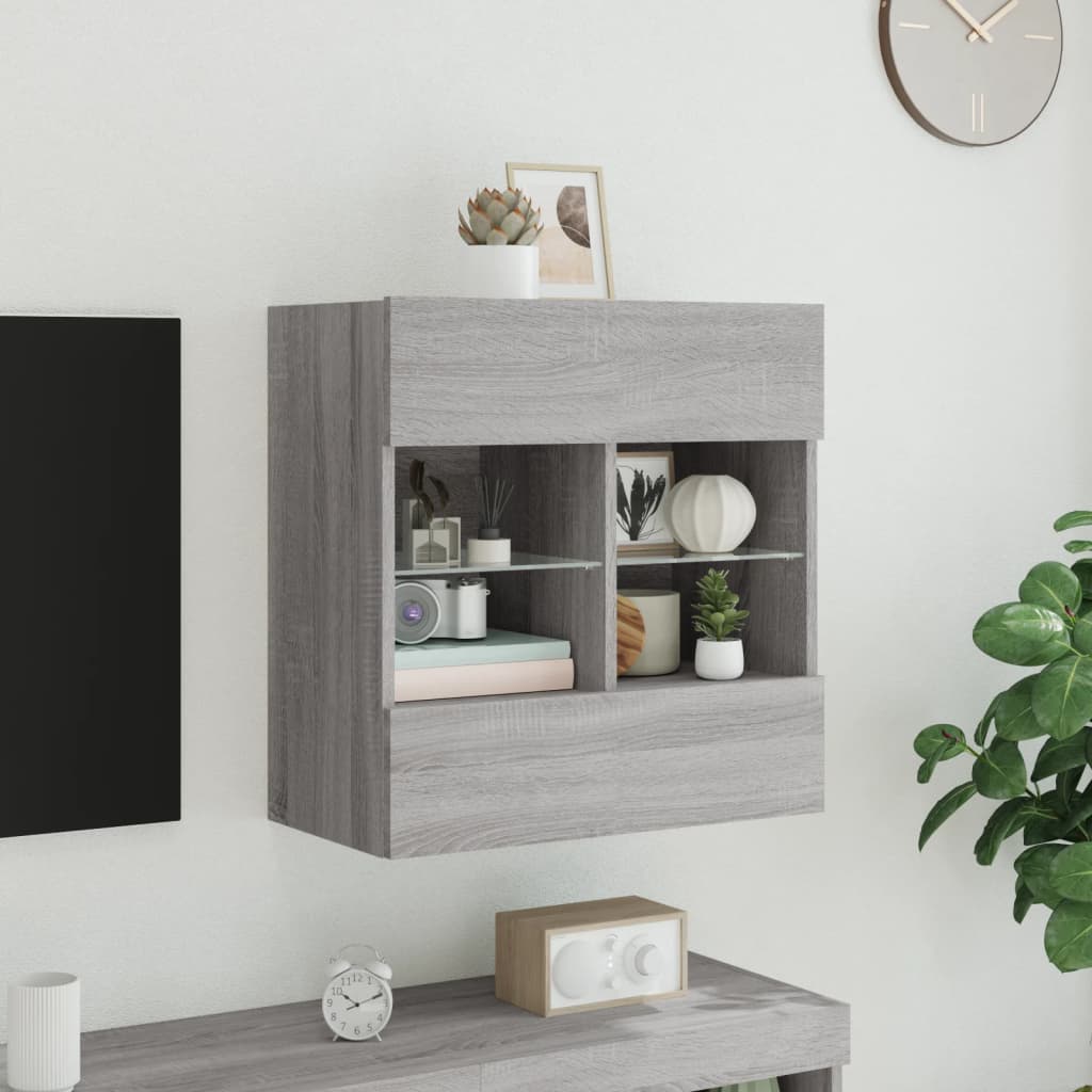 TV Wall Cabinet with LED Lights Grey Sonoma 58,5x30x60,5 cm