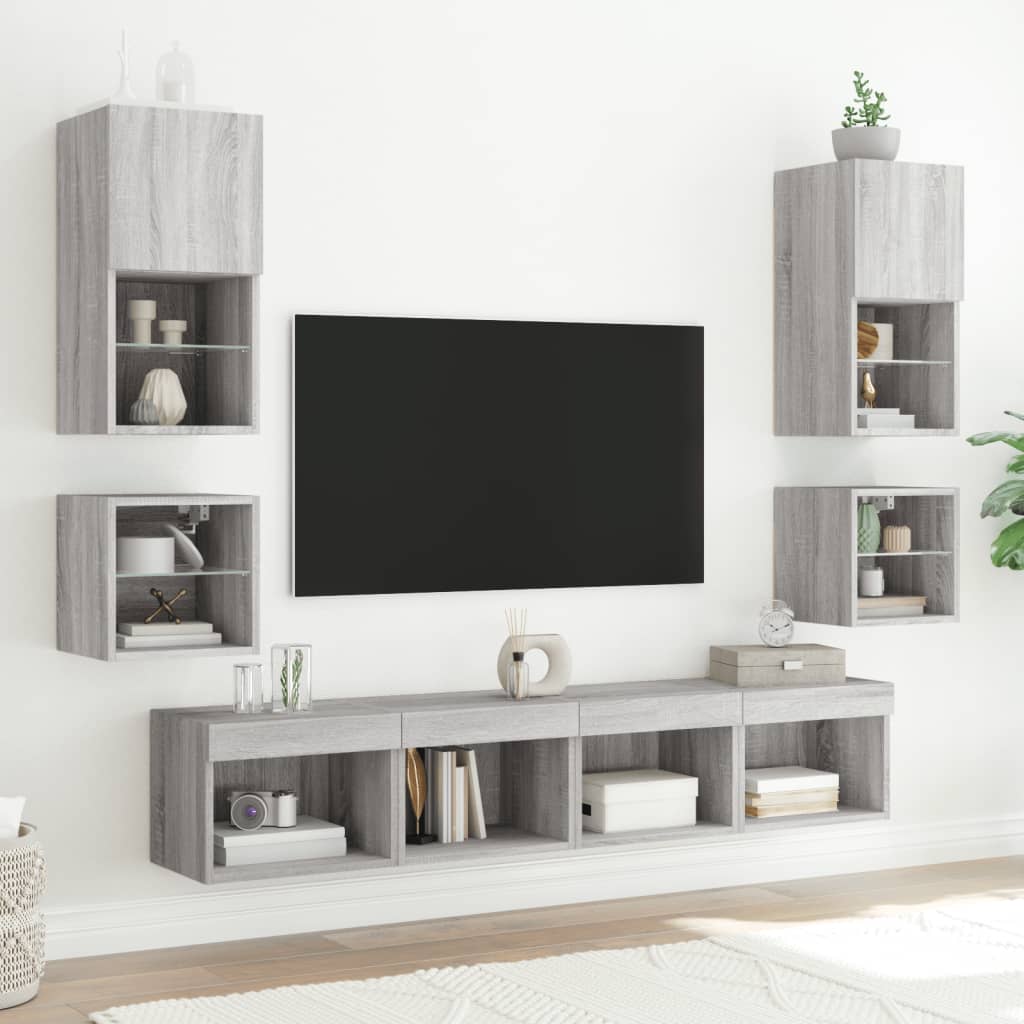 Bedside Cabinets with LED Lights Wall-mounted 2 pcs Grey Sonoma
