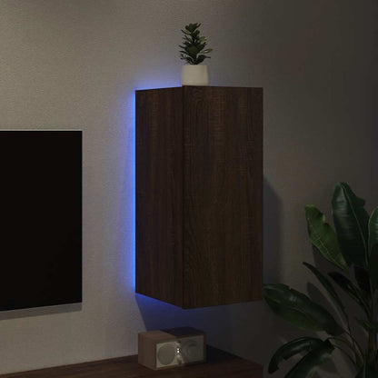 TV Wall Cabinet with LED Lights Brown Oak 30.5x35x70 cm
