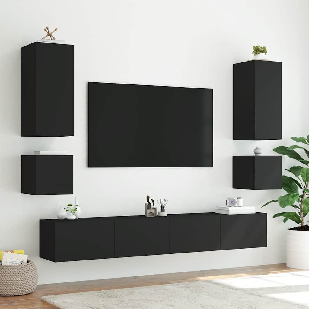 TV Wall Cabinets with LED Lights 2 pcs Black 40.5x35x40 cm