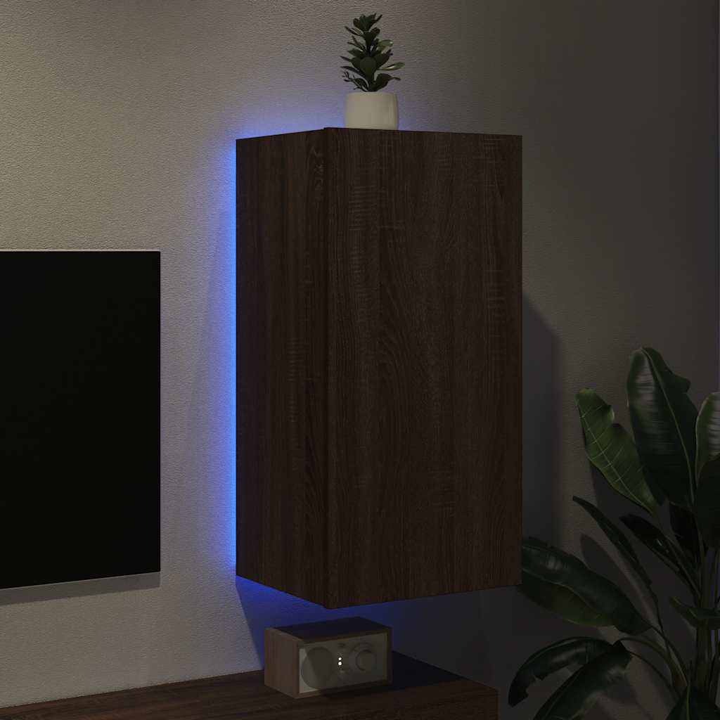 TV Wall Cabinet with LED Lights Brown Oak 40.5x35x80 cm