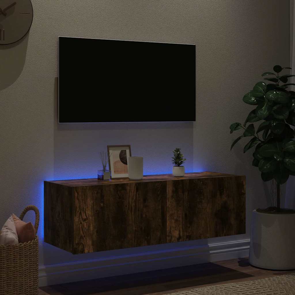 TV Wall Cabinet with LED Lights Smoked Oak 100x35x31 cm