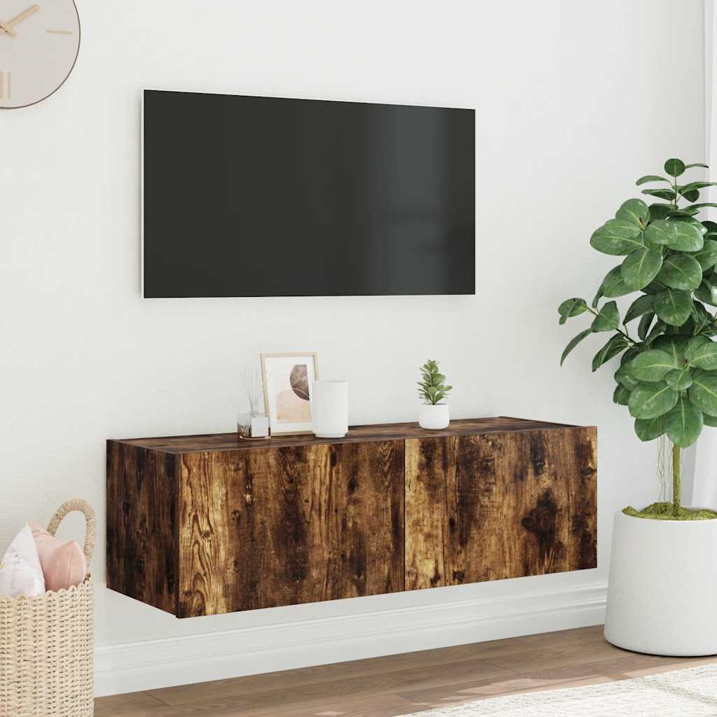 TV Wall Cabinet with LED Lights Smoked Oak 100x35x31 cm