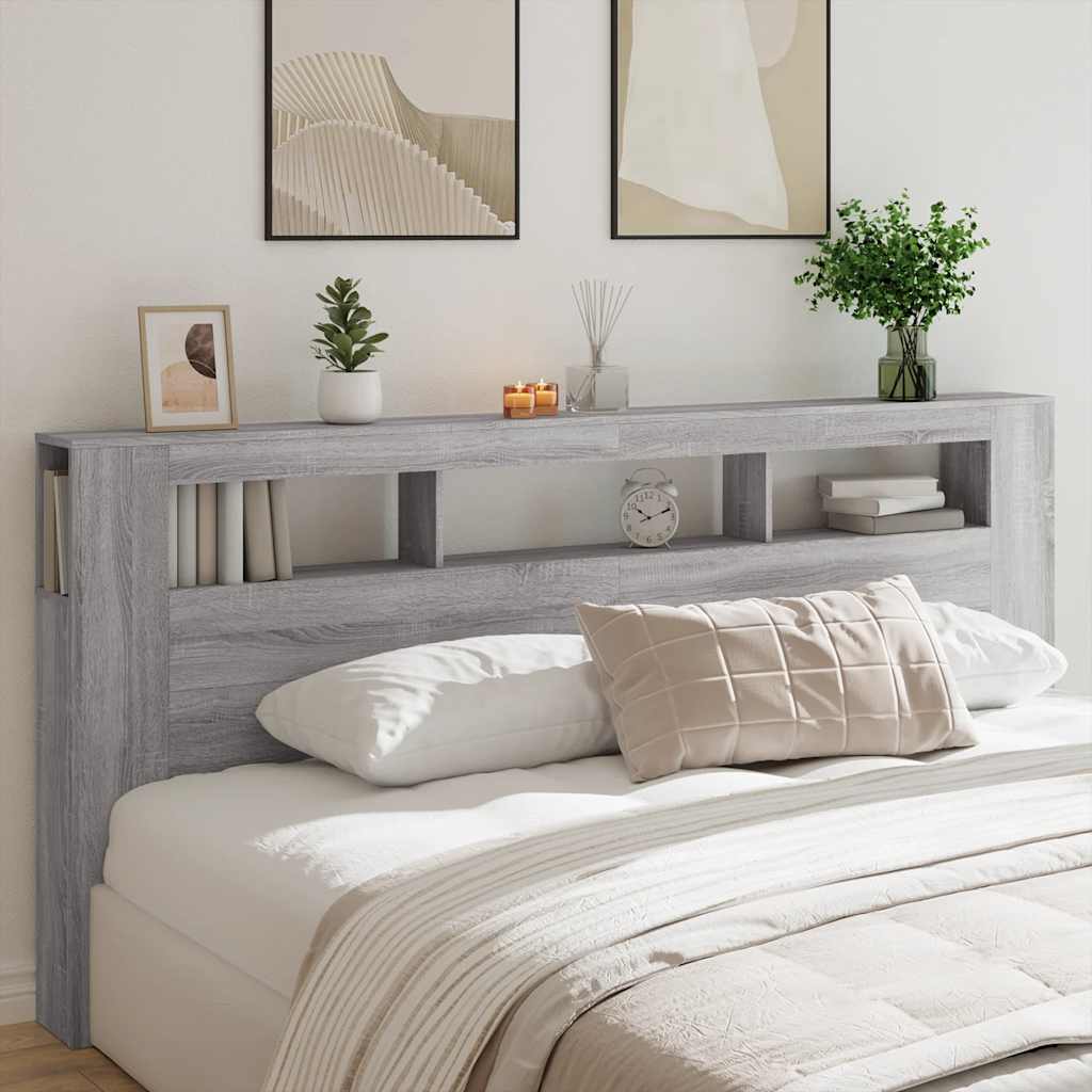 LED Headboard Grey Sonoma 220x18,5x103,5 cm Engineered Wood