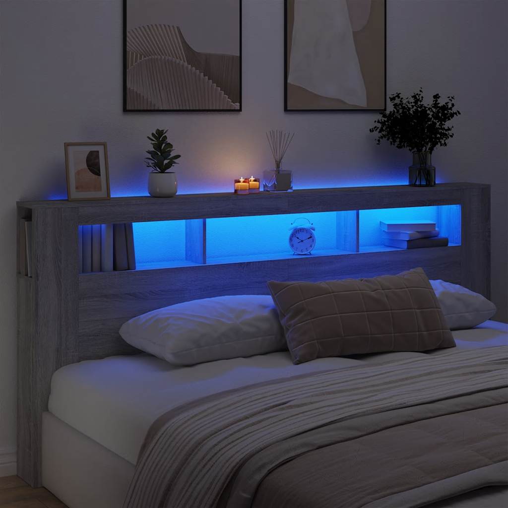 LED Headboard Grey Sonoma 220x18,5x103,5 cm Engineered Wood