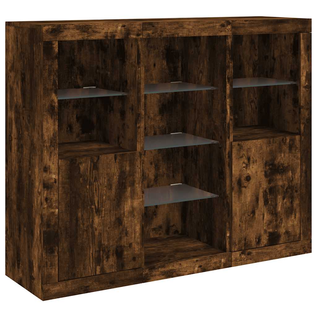 Sideboards with LED Lights 3 pcs Smoked Oak Engineered Wood