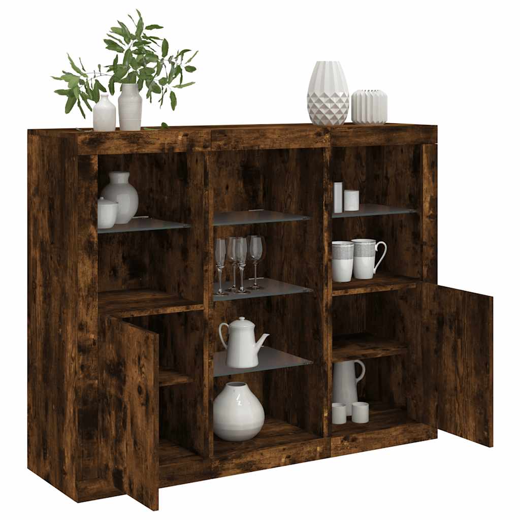 Sideboards with LED Lights 3 pcs Smoked Oak Engineered Wood