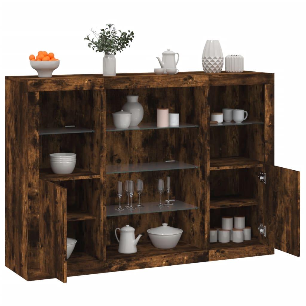 Sideboard | Set of 3 | Smoked Oak | Engineered Wood, Glass | Medium