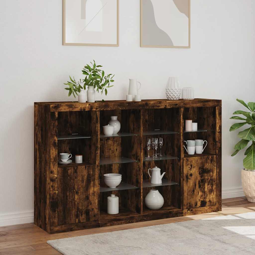 Sideboards with LED Lights 3 pcs Smoked Oak Engineered Wood