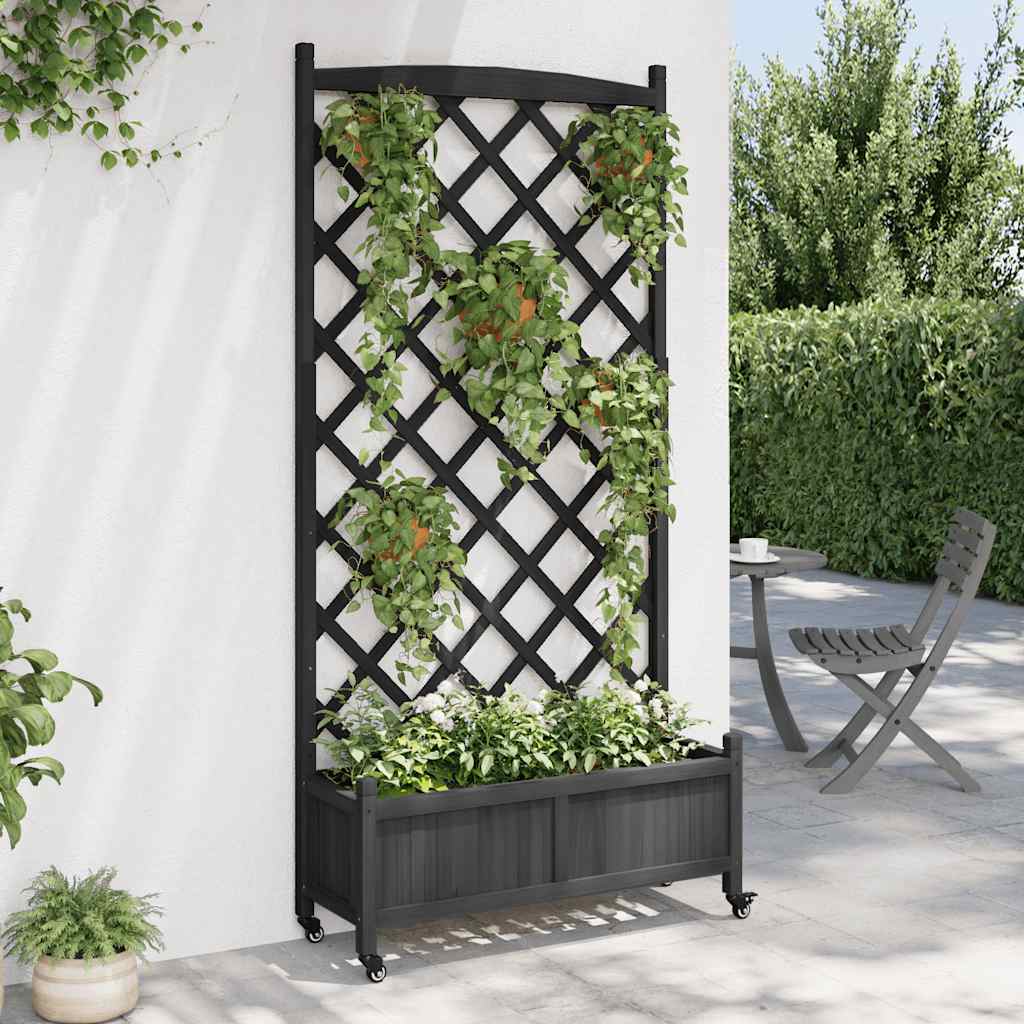 Planter with Trellis and Wheels Black Solid Wood Fir