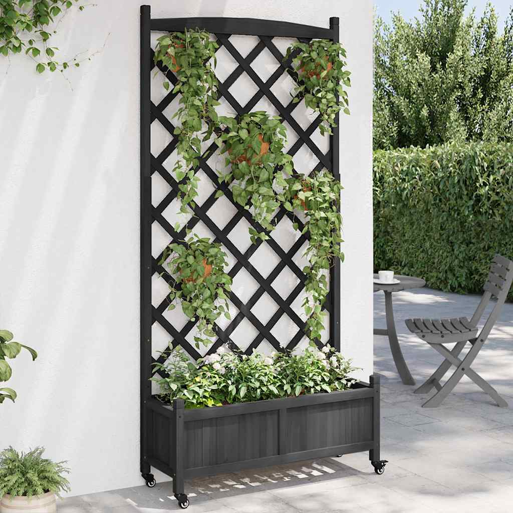 Planter with Trellis and Wheels Black Solid Wood Fir