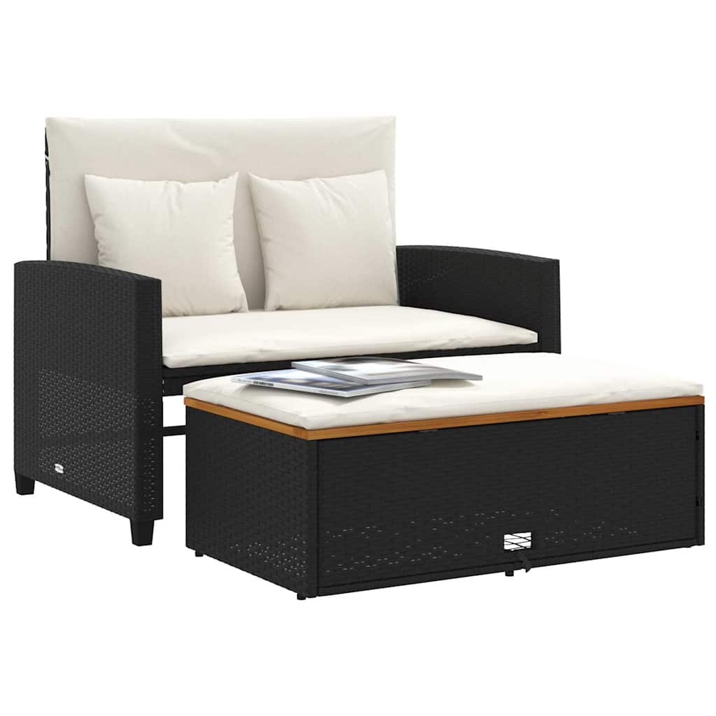 Patio Sofa with Cushions 2-Seater Black Poly Rattan&Acacia Wood
