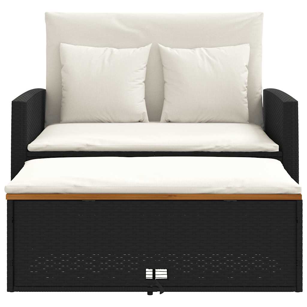Patio Sofa with Cushions 2-Seater Black Poly Rattan&Acacia Wood