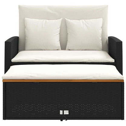 Patio Sofa with Cushions 2-Seater Black Poly Rattan&Acacia Wood