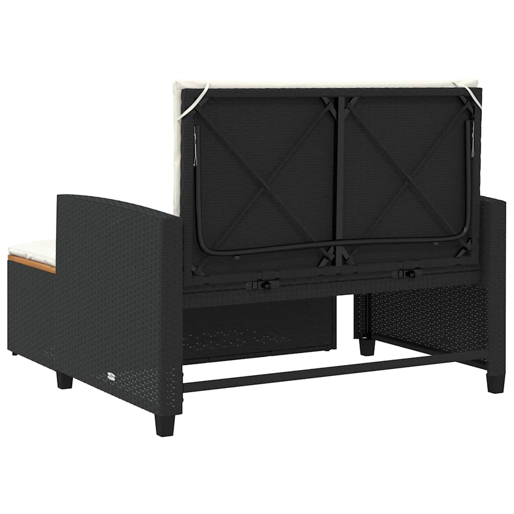 Patio Sofa with Cushions 2-Seater Black Poly Rattan&Acacia Wood