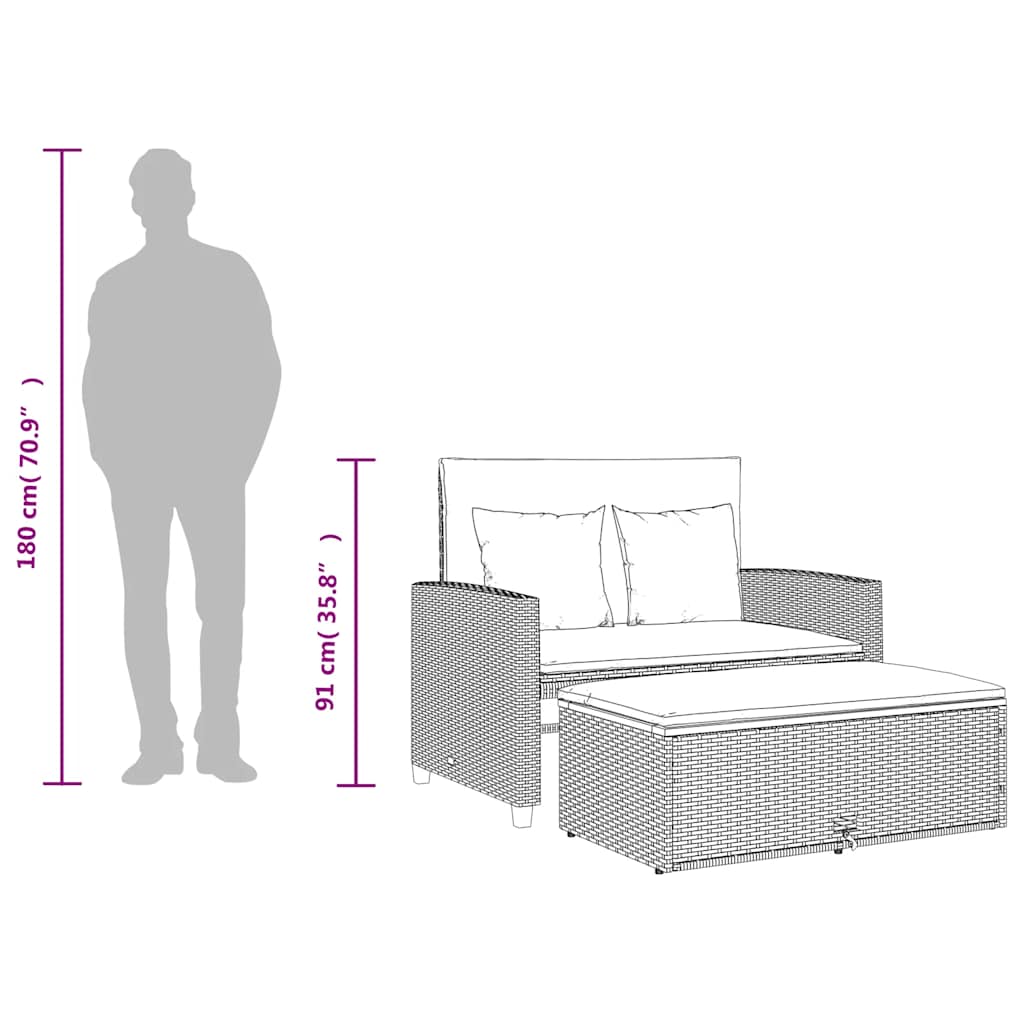 Patio Sofa with Cushions 2-Seater Black Poly Rattan&Acacia Wood