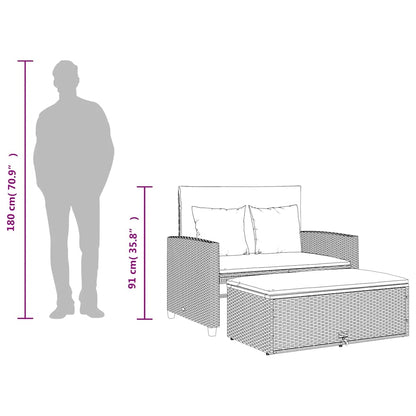 Patio Sofa with Cushions 2-Seater Black Poly Rattan&Acacia Wood