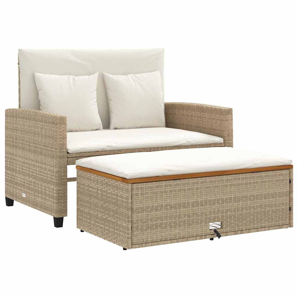 Patio Sofa with Cushions 2-Seater Beige Poly Rattan&Acacia Wood