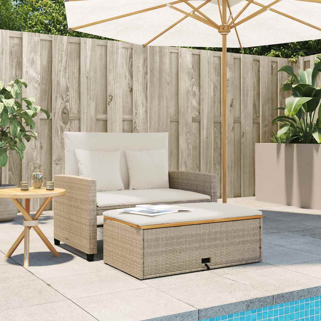 Patio Sofa with Cushions 2-Seater Beige Poly Rattan&Acacia Wood
