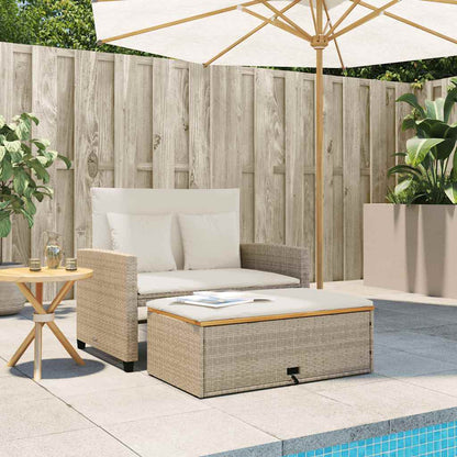 Patio Sofa with Cushions 2-Seater Beige Poly Rattan&Acacia Wood