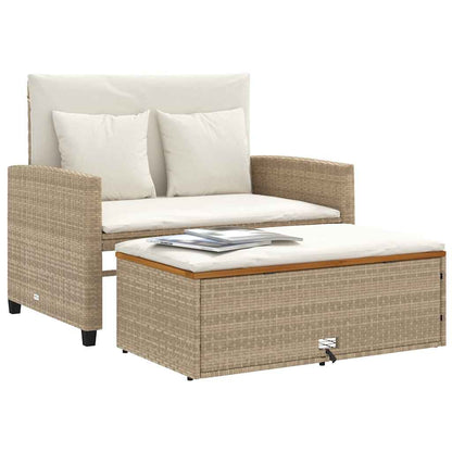 Patio Sofa with Cushions 2-Seater Beige Poly Rattan&Acacia Wood