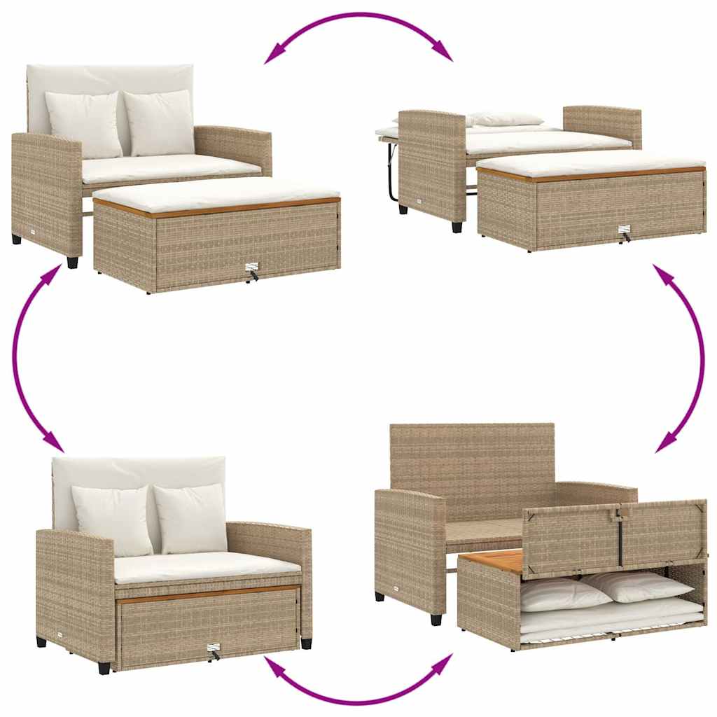 Patio Sofa with Cushions 2-Seater Beige Poly Rattan&Acacia Wood