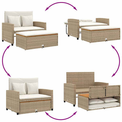 Patio Sofa with Cushions 2-Seater Beige Poly Rattan&Acacia Wood