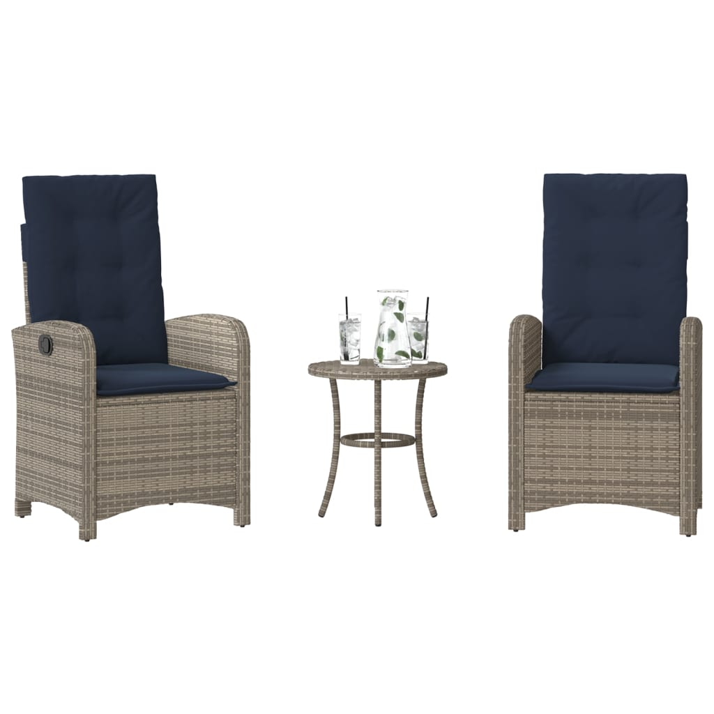 3 Piece Bistro Set with Cushions Grey Poly Rattan (US only)