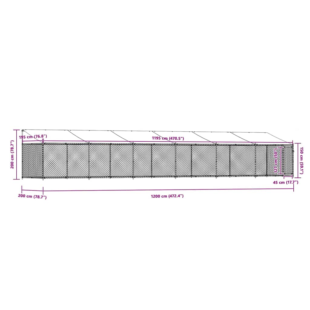 Dog Cage with Roof and Door Grey 12x2x2 m Galvanised Steel