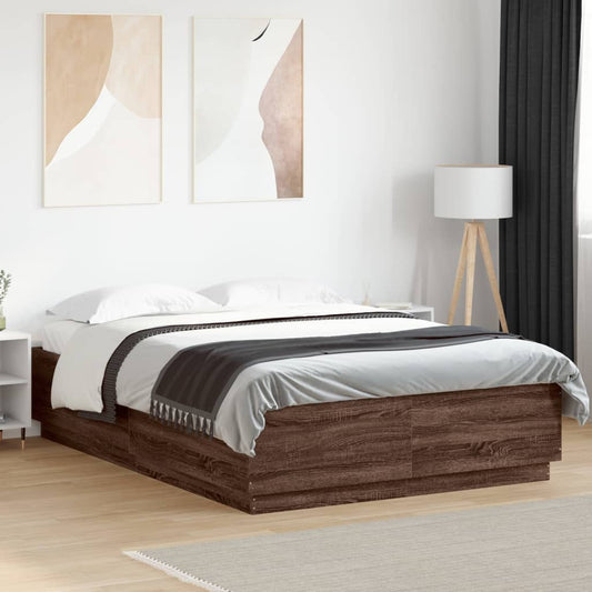 Bed Frame with LED without Mattress Brown Oak 150x200 cm King Size
