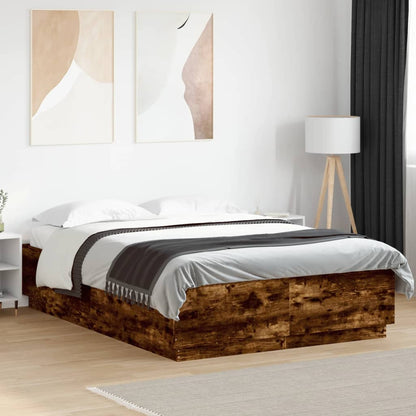 Bed Frame with LED without Mattress Smoked Oak 140x200 cm