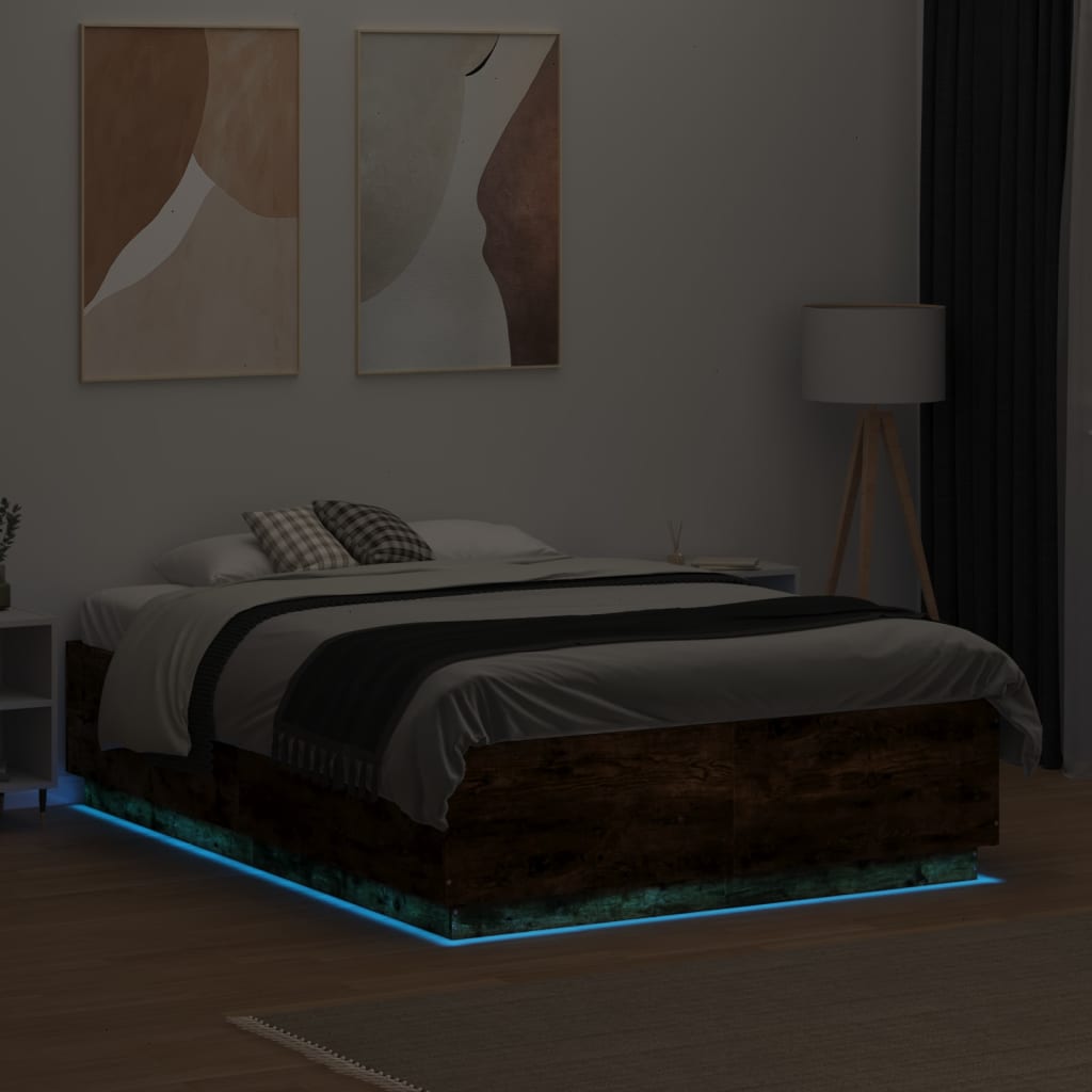 Bed Frame with LED without Mattress Smoked Oak 135x190 cm Double