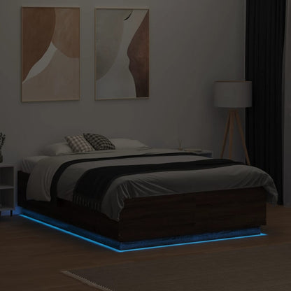 Bed Frame with LED without Mattress Brown Oak 135x190 cm Double