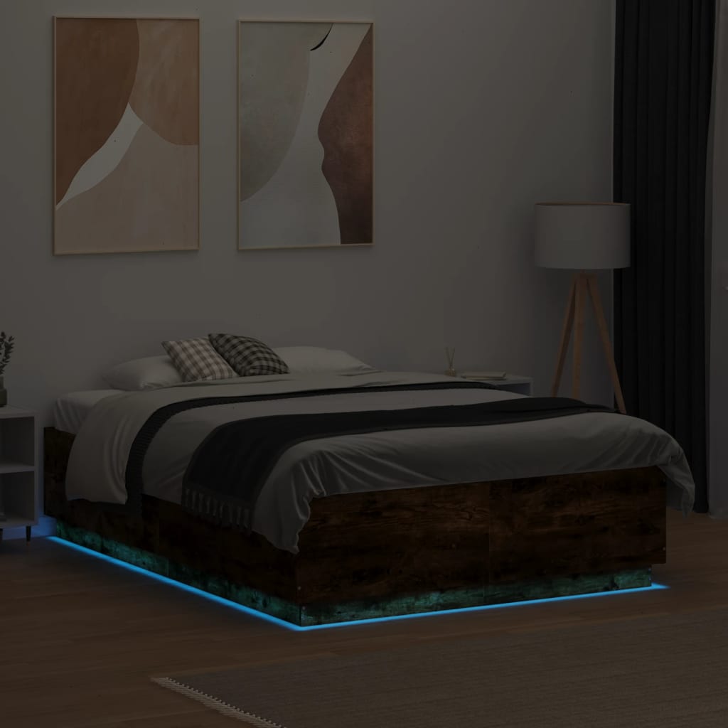 Bed Frame with LED without Mattress Smoked Oak 120x190 cm Small Double