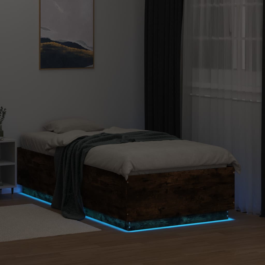 Bed Frame with LED without Mattress Smoked Oak 90x190 cm Single
