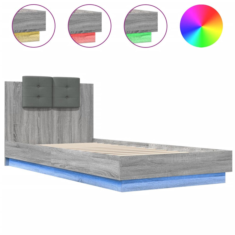 Bed Frame with Headboard and LED Lights Grey Sonoma 90x200 cm