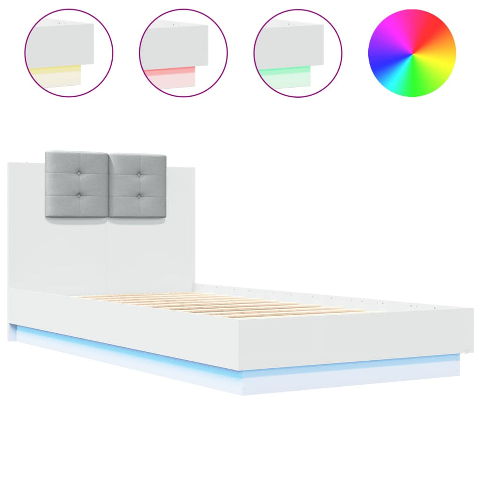 Bed Frame with Headboard and LED Lights White 75x190 cm Small Single