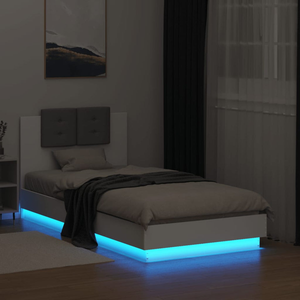 Bed Frame with Headboard and LED Lights White 75x190 cm Small Single