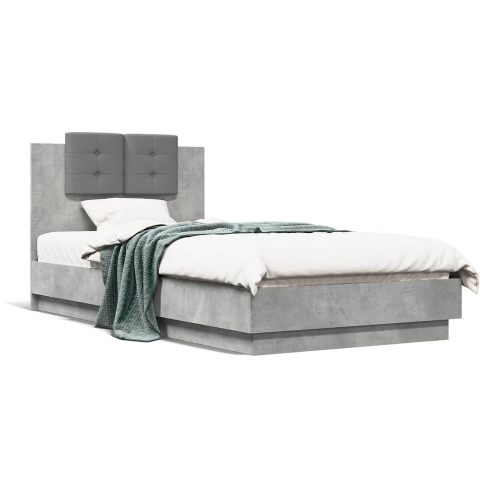 Bed Frame with Headboard and LED Lights Concrete Grey 75x190 cm Small Single