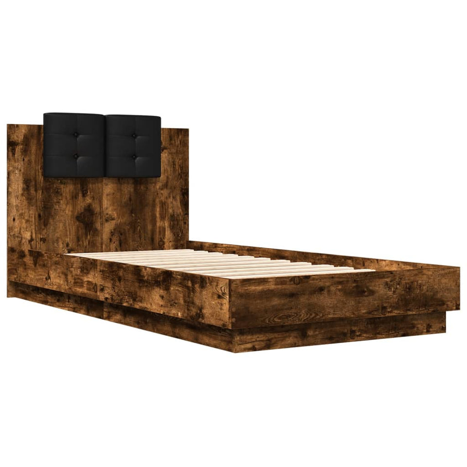 Bed Frame with Headboard and LED Lights Smoked Oak 75x190 cm Small Single