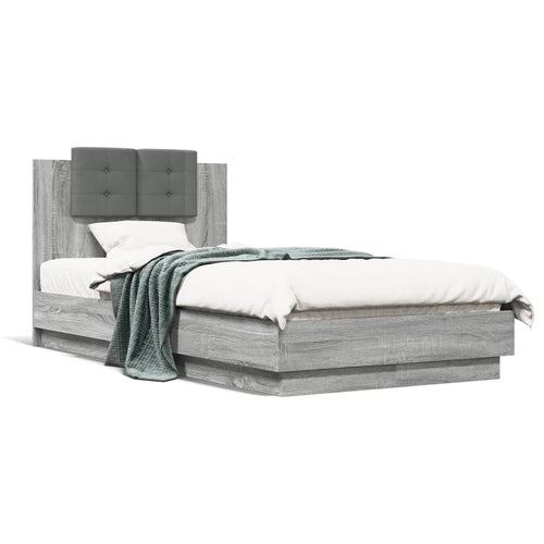 Bed Frame with Headboard and LED Lights Grey Sonoma 75x190 cm Small Single