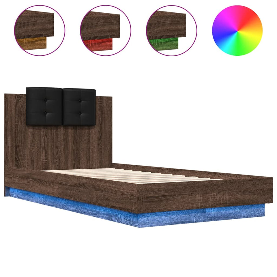 Bed Frame with Headboard and LED Lights Brown Oak 75x190 cm Small Single